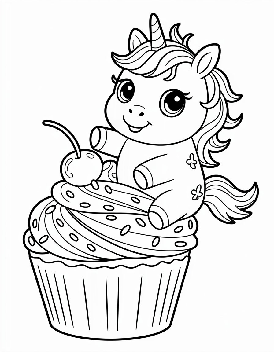 kawaii unicorn cupcake coloring page