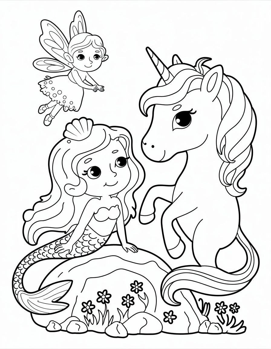 mermaid fairy and unicorn coloring page