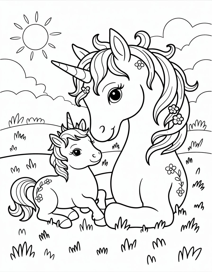 mom and baby unicorn coloring page
