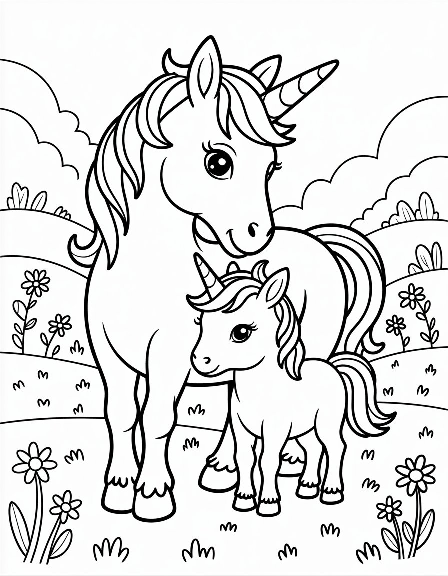 mommy and baby unicorn coloring page