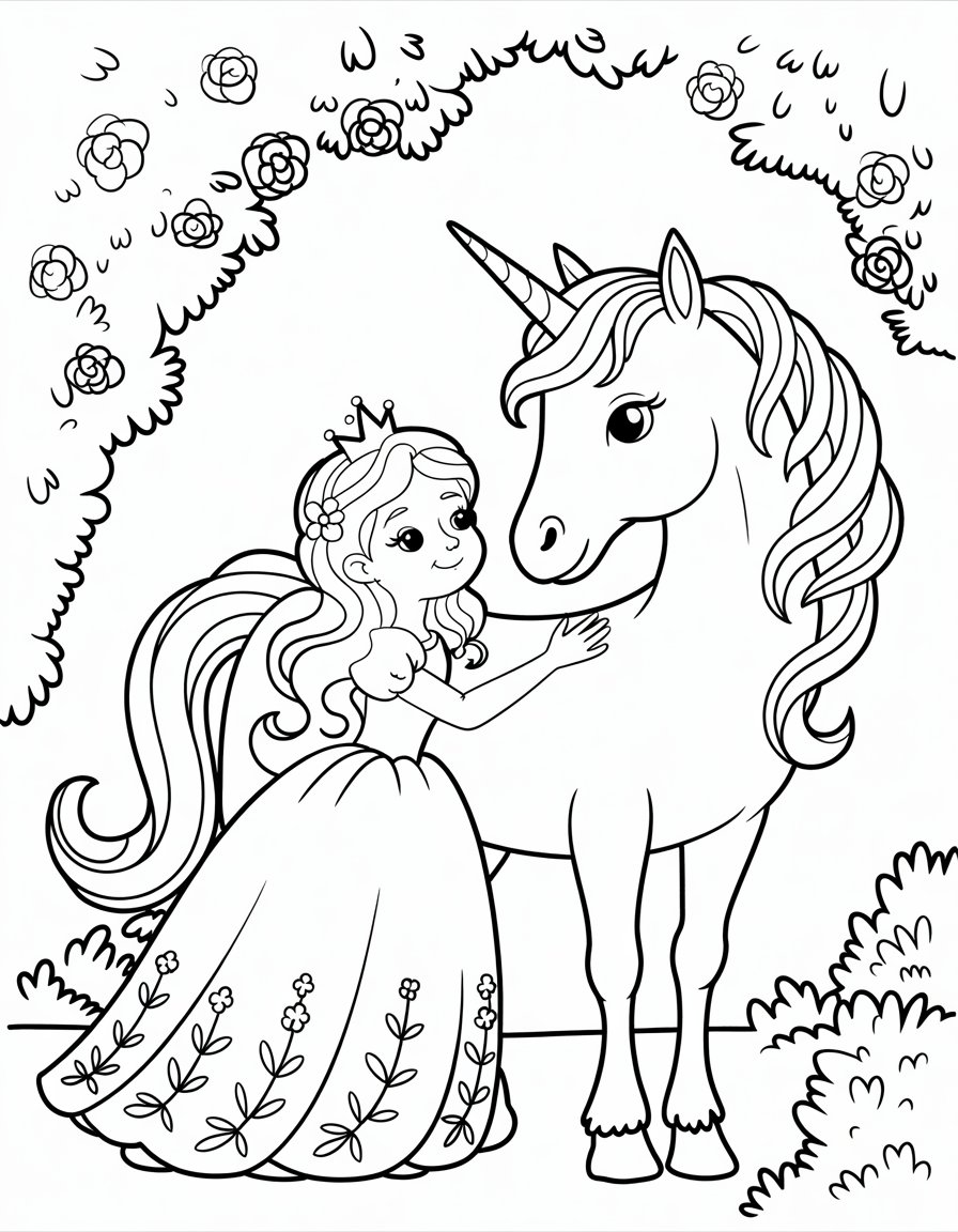 princess and unicorn coloring page
