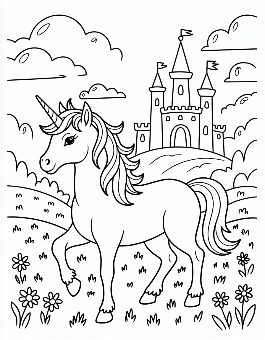 unicorn and castle coloring page