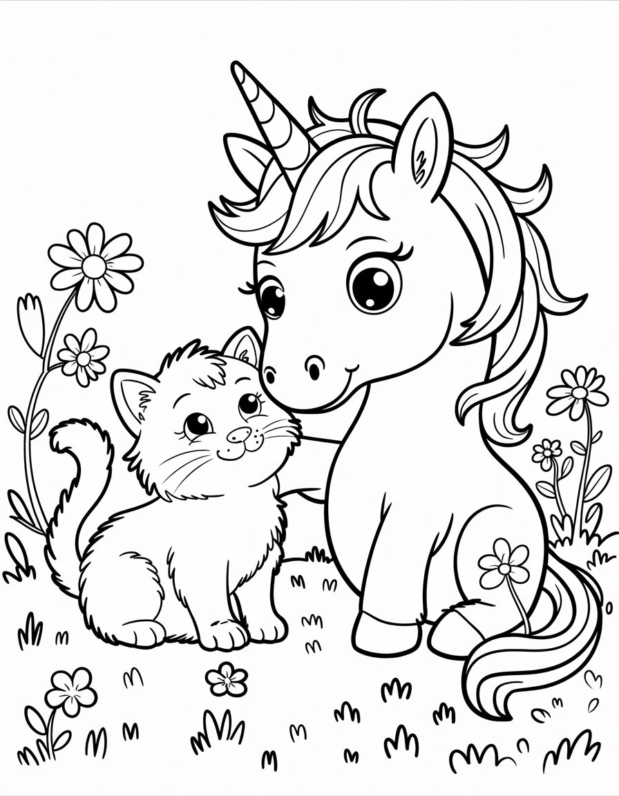 unicorn and cat coloring page
