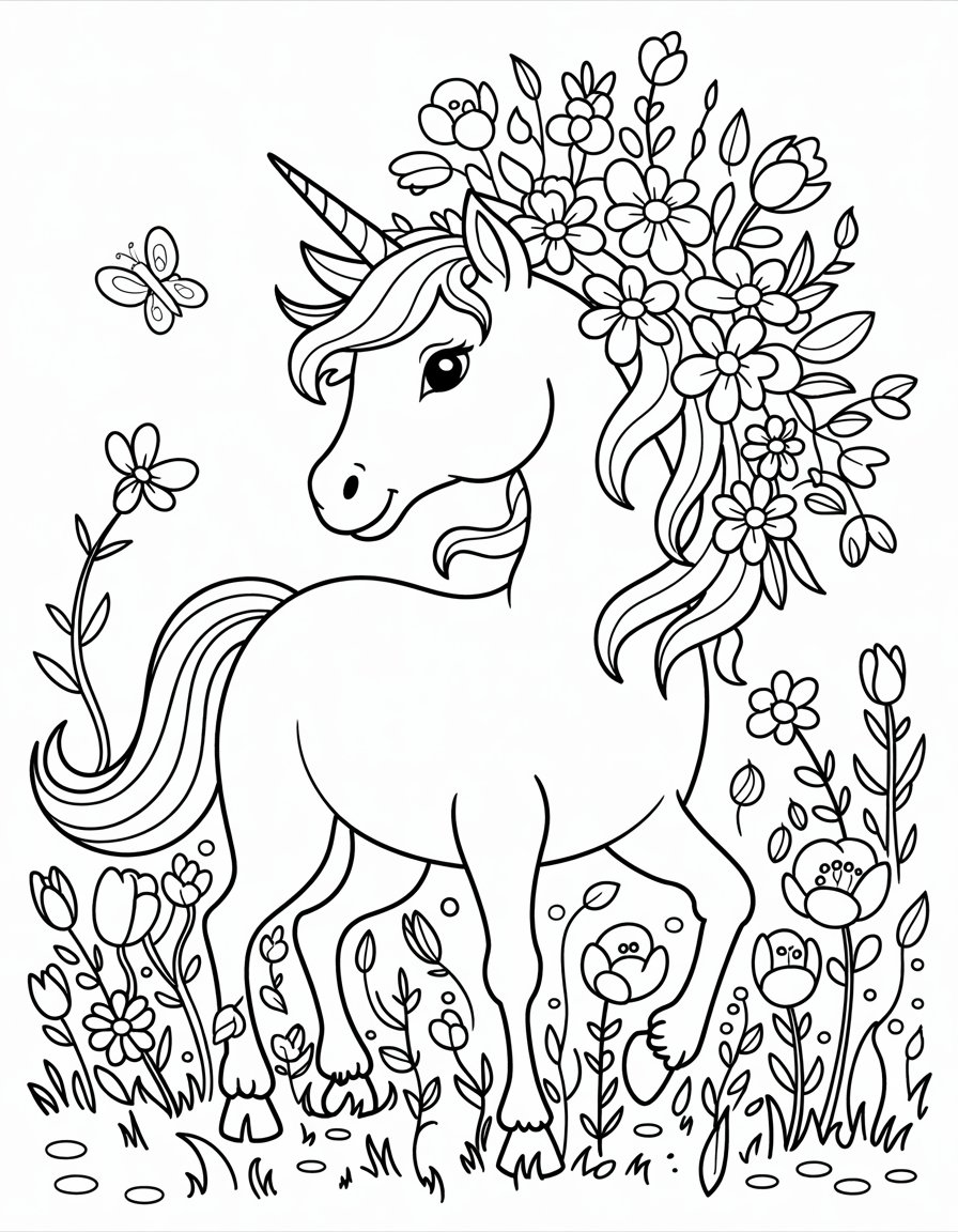 unicorn and flowers coloring page