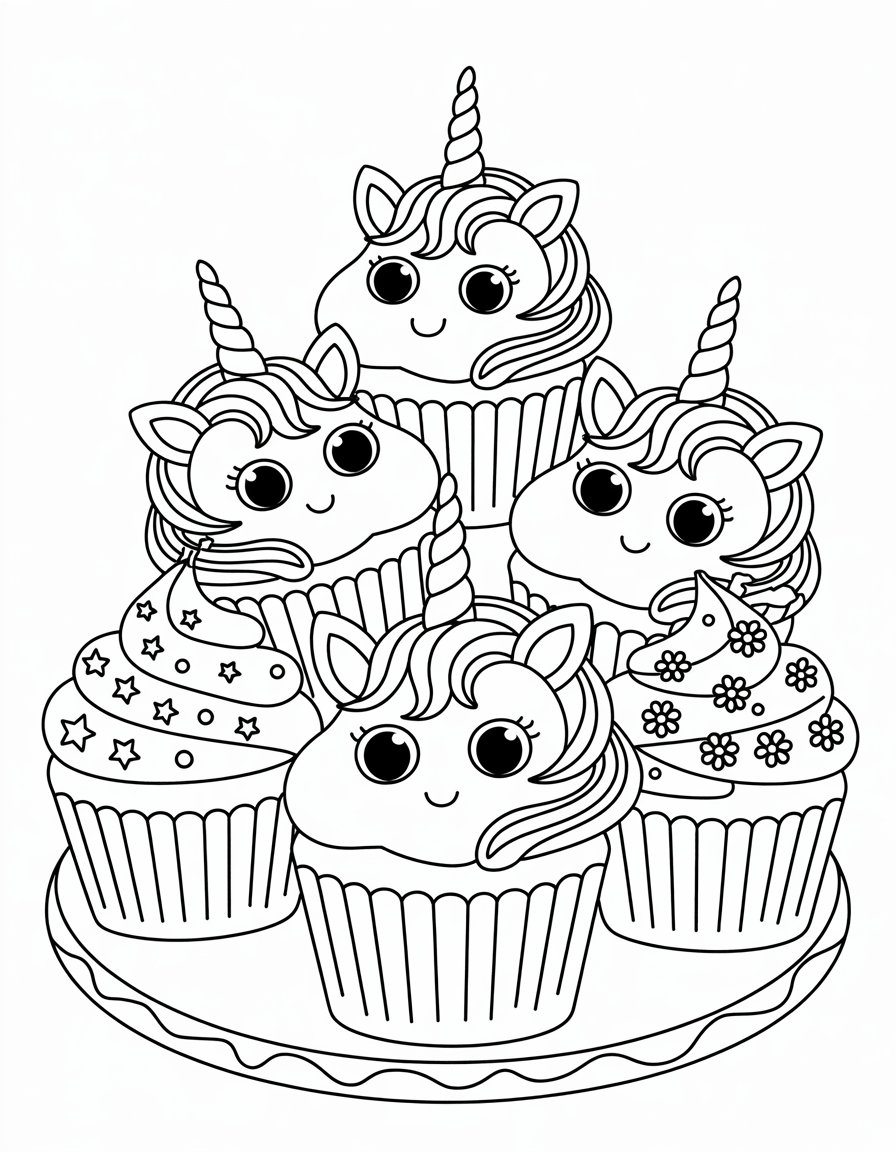 unicorn cupcakes coloring page