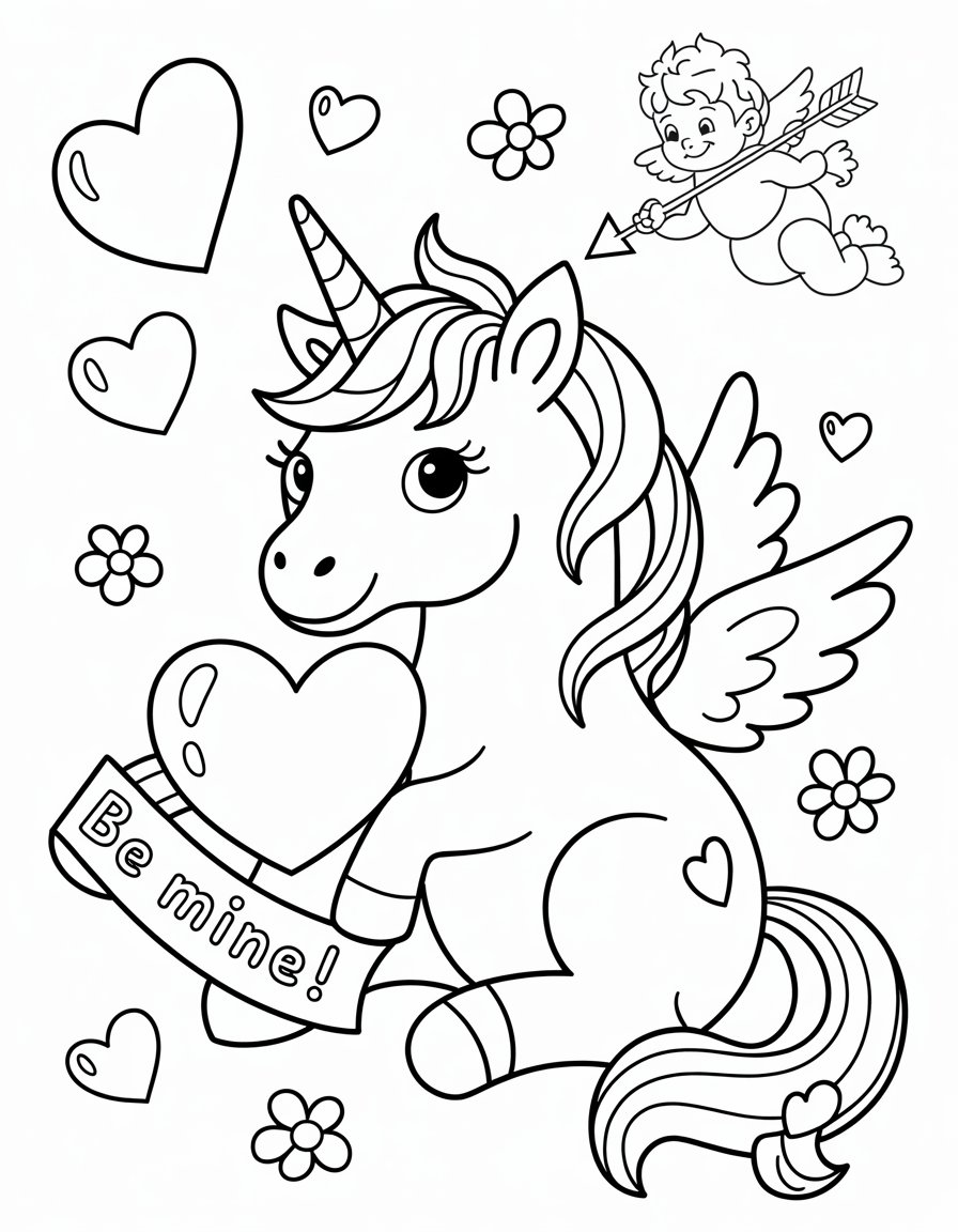 valentine's day unicorn coloring page