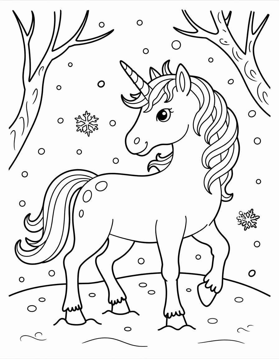 winter unicorn coloring page