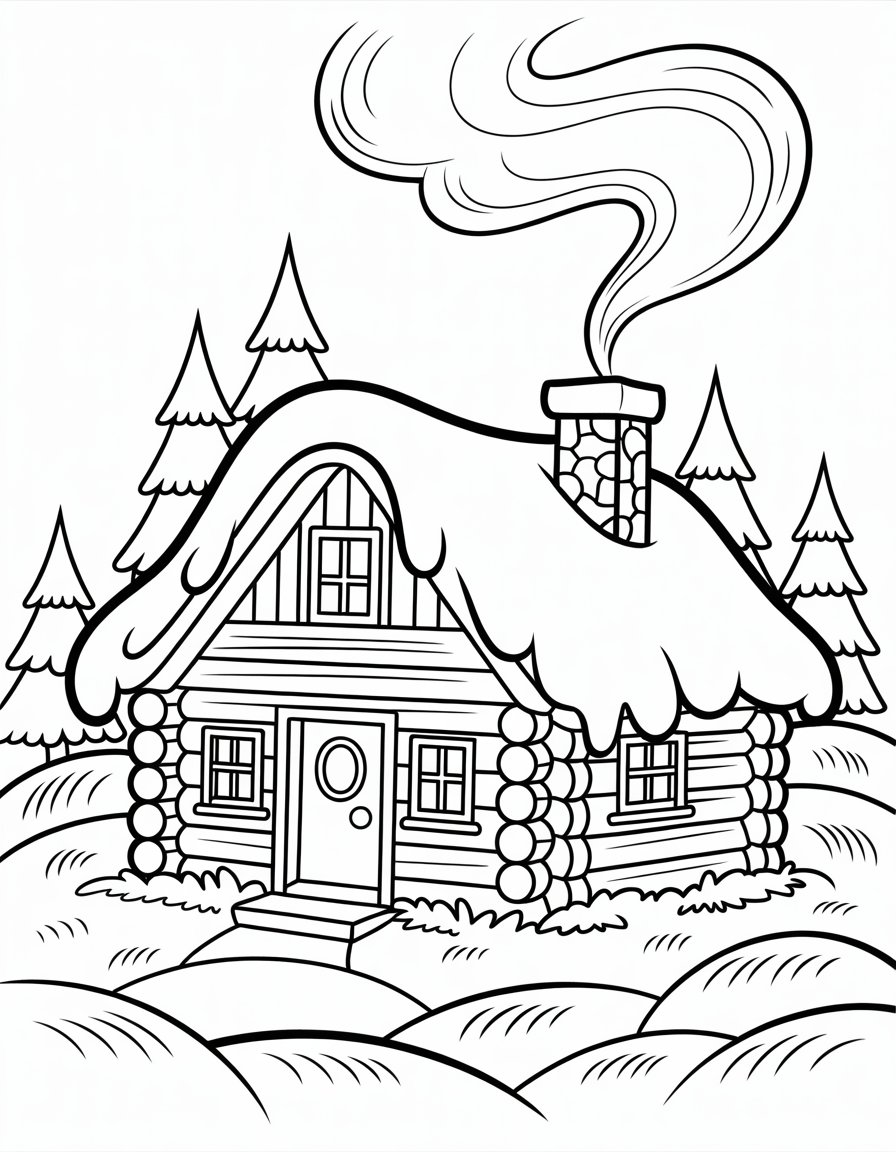 winter cabin coloring page