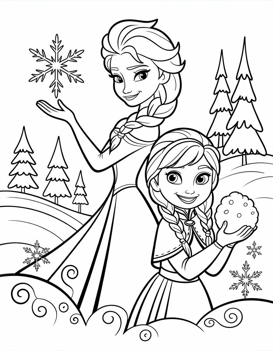 winter elsa and anna coloring page
