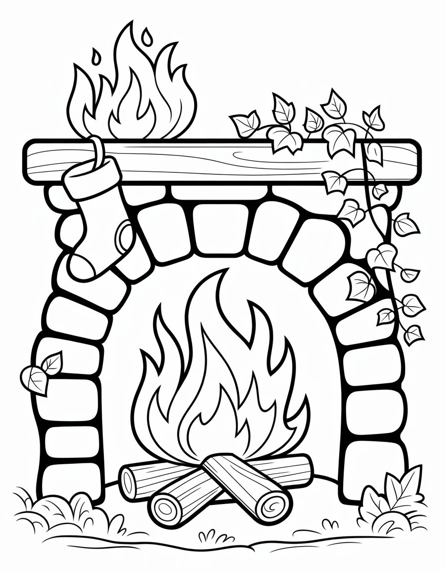 winter fireplace coloring page