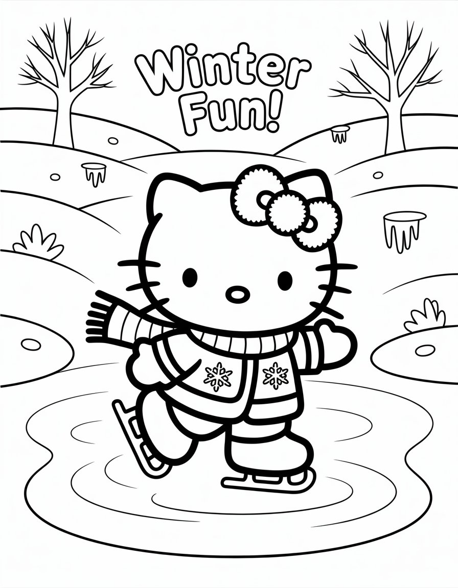 winter hello kitty coloring page