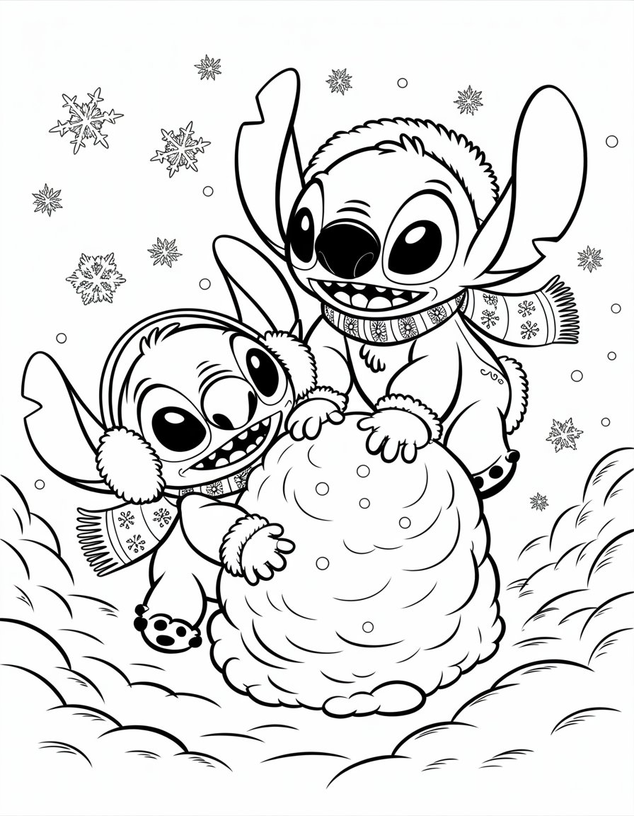 winter stitch and friends coloring page