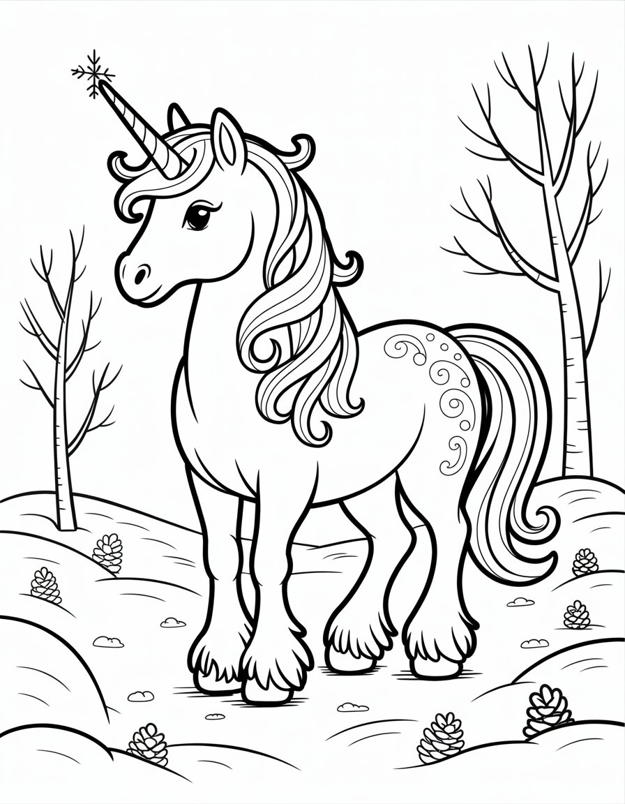 winter unicorn coloring page