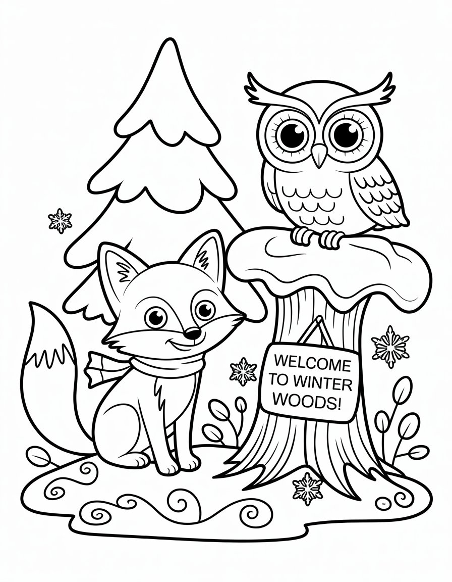 winter woodland animals coloring page
