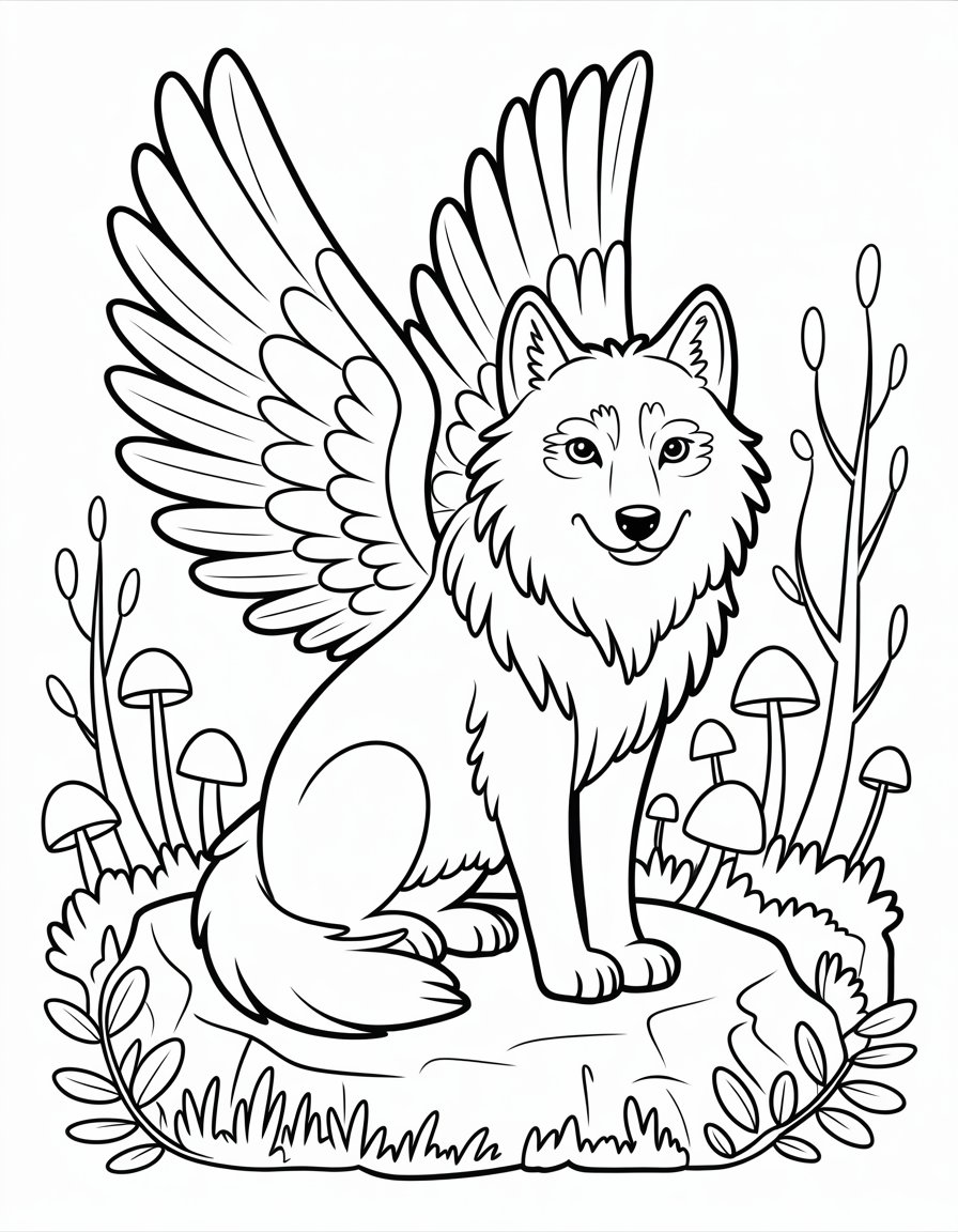 mystical winged wolf coloring page
