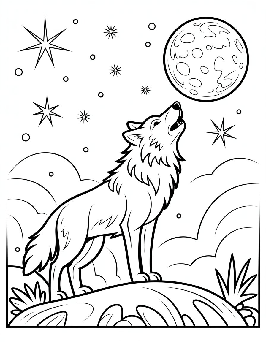 wolf howling at the moon coloring page